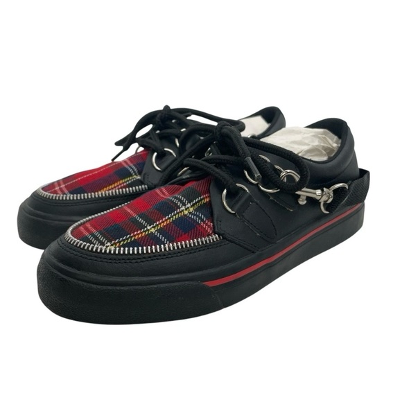 Vintage 90s T.U.K. Red Plaid Low Creepers M4/W6 Punk Goth Shoes Bondage Strap - Picture 1 of 15